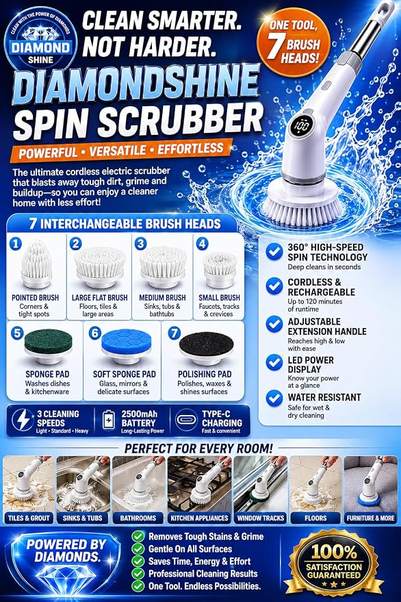 Diamond Shine 7-in-1 Cordless Spin Scrubber – Rechargeable Electric Power Scrubber with Extendable Handle & 7 Brush Heads for Kitchen, Bathroom, Tile, Grout & Floors