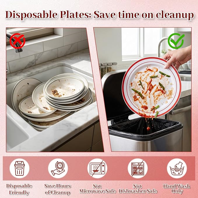 DaYammi 210PCS Red Plastic Dinnerware Set Red Plates Disposable Disposable Plates for Party Include: 30 Dinner Plates,30 Dessert Plates,30 Pre Rolled Napkins with Silverware,30 Cups for Wedding