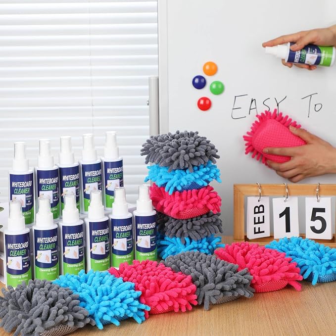 Fuyoooo 24 Pcs Whiteboard Cleaner and Eraser 3.4 Fl oz Whiteboard Cleaning Spray with Dry Erase Eraser Microfiber Shag for Markers Classroom, Home and Office Use