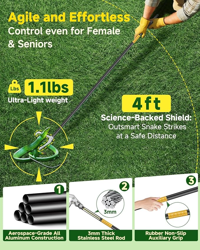 Snake Grabber Tool, 47in Compact Power Snake Tongs, All-Aluminum Alloy Reptile Catcher Grabber with Anti-Slip Grip, Wide Jaw Multi-Function Handling Tool with Lock