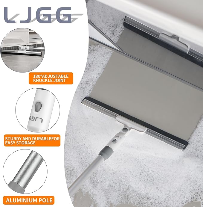 LGJJ Floor Spatula Broom 17" Rubber Spatula with 51" Aluminum Rod for Bathroom Tile, Garage Concrete, Deck, Shower Glass, Window Cleaner, Spatula Broom for Home Flooring