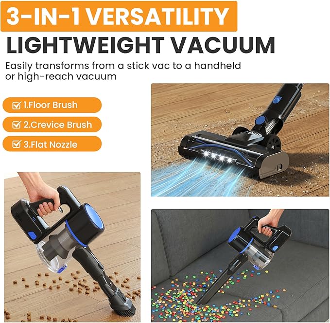 NEWBULIG Cordless Vacuum Cleaner, Removable Stick Vacuum with LED Touch Screen, Self-Standing, 35Mins Runtime, Lightweight Handheld for Pet Hair, Hard Floor, Carpet