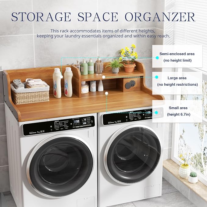 DTK Washer Dryer Countertop with Charging Station, 2 Tier Laundry Countertop with Anti-Slip Strips, 27.55" Depth x 54" Width, Wood Dryer Cover with Shelf, Maple