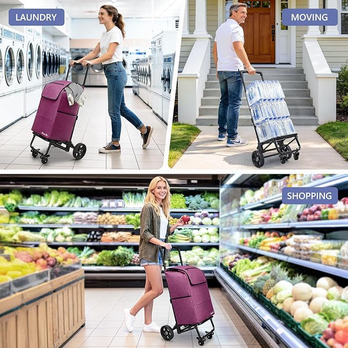 KEDSUM 3 in 1 Shopping Cart with Wheels, 60L/250LBS Multi Use Grocery Cart with 7" Big Wheels & Removable Waterproof Bag, Personal Shopping Carts for Groceries, Telescoping Handle & Thickened Steel