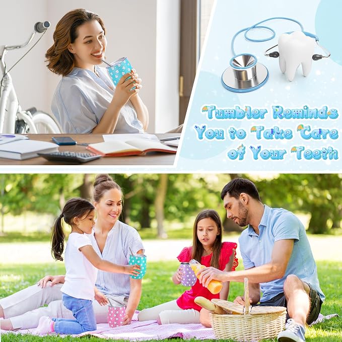 Umigy 4 Pcs Dental Assistant Gifts, Teeth Dentist Wine Tumbler, 12 oz Stainless Steel Coffee Travel Mug, Vacuum Insulated Tumbler Cup with Straw Lid and Brush Dental Hygienist CNA Week Birthday Gifts