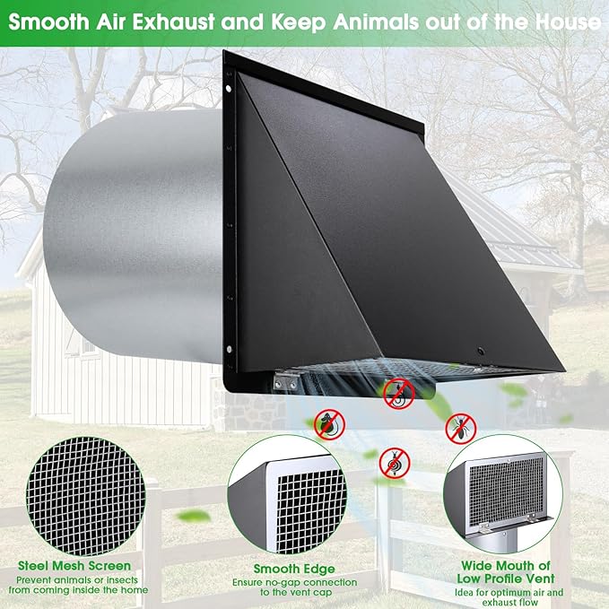 8 inch Hooded Wall Vent with Screen and Damper,Outdoor Wall Vent Cover Exhaust Vent Duct Cap,8" Exterior Vent Cover for Kitchen Range Hood Bathroom HVAC Duct Dryer Ventilation,Galvanized Steel,Black