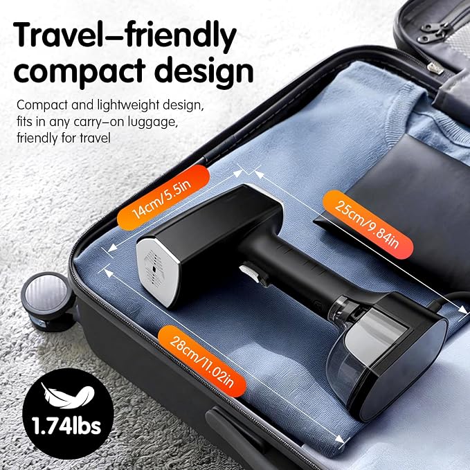Handheld Garment Steamer for Clothes, 2000W, 10s Heat-Up, 350ml Tank | 40g/min steaming with 3 settings for delicate to heavy fabrics, Leak-Proof, Use for Travel, Home, Office, Wardrobe Care