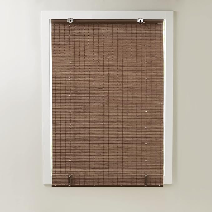 Madison Park Eastfield 100% Bamboo Cordless Roman Shades-Woven Wooden Privacy Panel, Light Filtering Easy Installation Window Blind Treatment, Bedroom, Living Room Decor, 27" W x 64" L, Teak