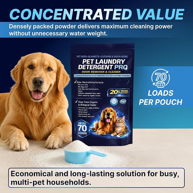 Pet Laundry Detergent Pro Enzyme Odor Remover - Deep Clean of Stubborn Stains - Urine (Dog, Cat, Puppy Accidents), Feces & Vomit, Saliva & Drool, Sweat & Body Oils, Food Spills - HE Support - 70 Loads
