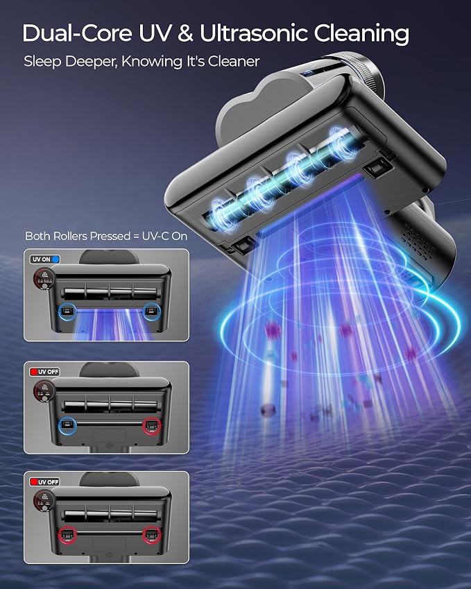 Teant Upgrade Cordless Mattress Vacuum with 18kPa Ultra-Deep Suction, 2-Speed Bed Vacuum with 33000 RPM/Min Roller Brush, 253.7nm UV-C Light & LED Display, HEPA, 149℉ Heat, Aroma & Anion for Bed Sofa