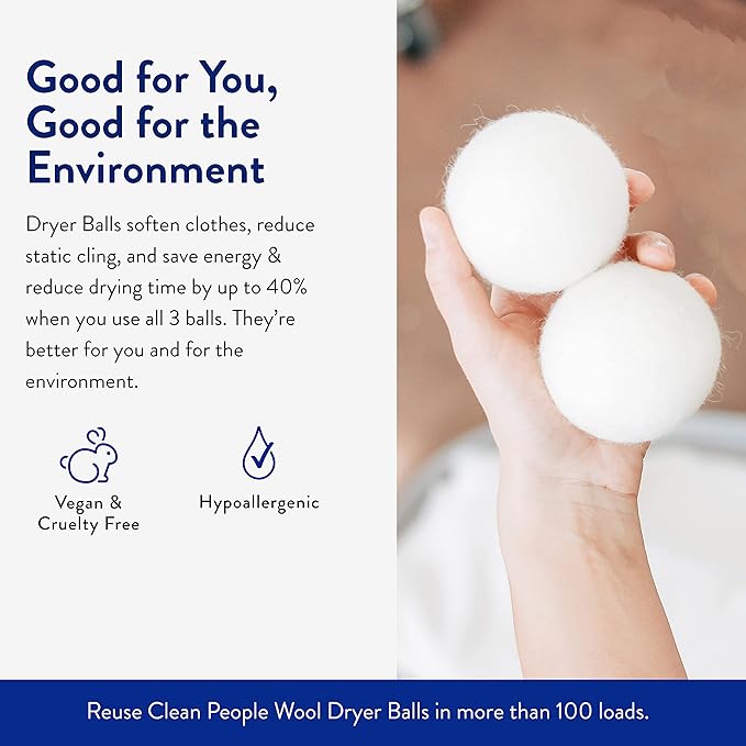Clean People Ultra Concentrated Laundry Detergent Strips Fragrance Free & 100% New Zealand Wool Dryer Balls - 3 Pack - Plant-Based, Eco Friendly Laundry Detergent 96ct & Dryer Balls 3 Pack