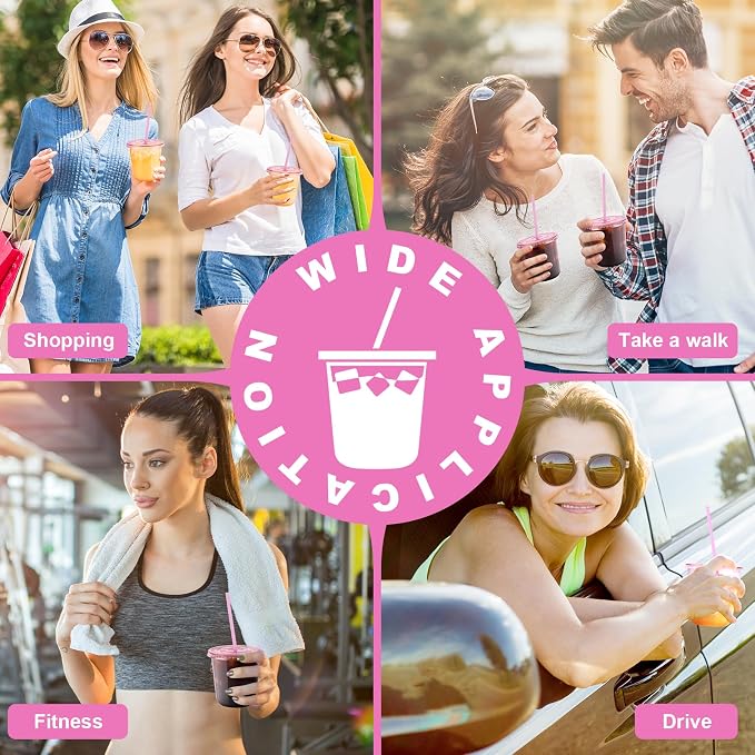 KesaPlan 50 Pack 12 oz Pink Plastic Party Cups with Lids and Straws, Disposable Iced Coffee Cup with Lids, Round Bottom Drinking Cups for Birthday Wedding Valentine's Galentine's Bachelorette Party