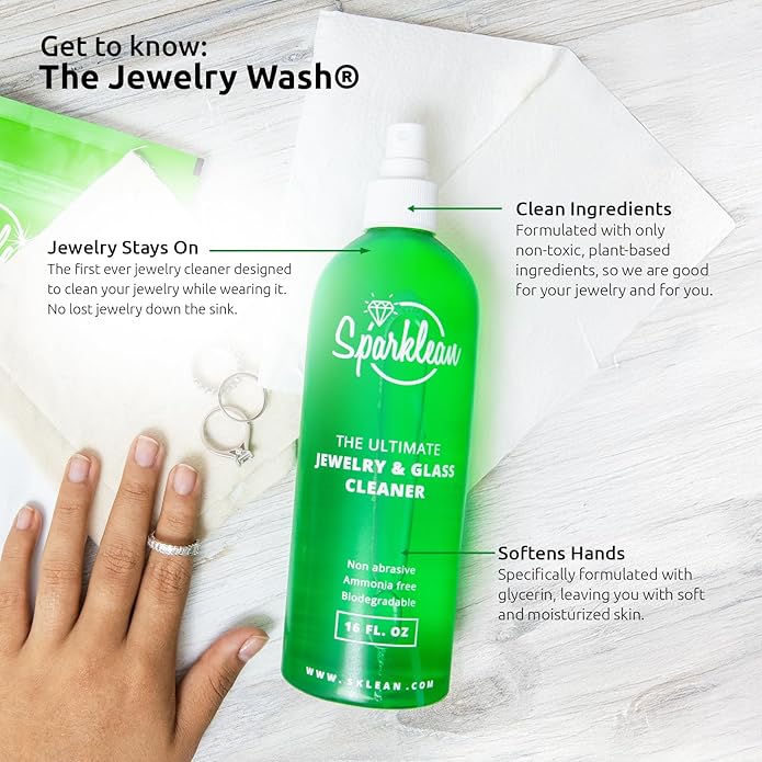SPARKLEAN Jewelry Cleaner Kit · 16oz Spray + Silver Polishing Cloth · Cleans + Polishes + Removes Tarnish · Safe on Gold Silver Diamond Pearl · Family Size · Made in USA Since 2000