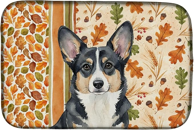 Caroline's Treasures Black and White Cardigan Welsh Corgi Heirloom Fall Dish Drying Mat Absorbent Dish Drying Mat Pad for Kitchen Counter Dish Drainer Mat for Countertop, 14 x 21", Multicolor