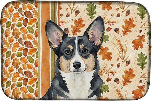 Caroline's Treasures Black and White Cardigan Welsh Corgi Heirloom Fall Dish Drying Mat Absorbent Dish Drying Mat Pad for Kitchen Counter Dish Drainer Mat for Countertop, 14 x 21", Multicolor
