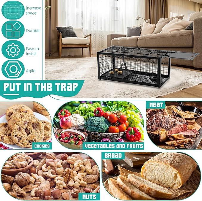 Qualirey 2 Pcs Live Rat Trap Humane Mouse Trap Mice Rat Cage Work for Small Animal Indoor and Outdoor Mouse Voles Hamsters Catch and Release(Black)