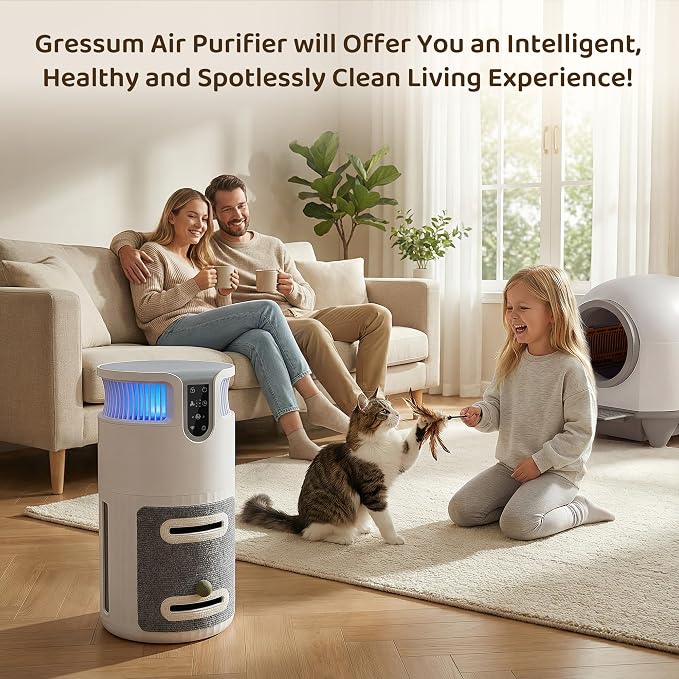 Greesum Pet Air Purifier for Cats, 320m³/h CADR Smart Air Cleaner with Cat Scratcher & Catnip Ball, 4-Color PM2.5 Indicator, App Control, Child Lock, Washable Body, Odor & Pet Hair Removal for Home