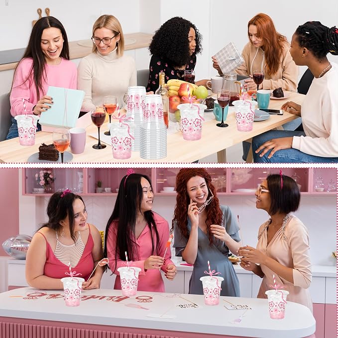 Whaline 50 Pcs Pink Cherry Blossom Plastic Cups with Lids and Straws Heart Sakura Clear Plastic Cups 12 Oz Disposable Cup for Spring Wedding Birthday Party Supplies