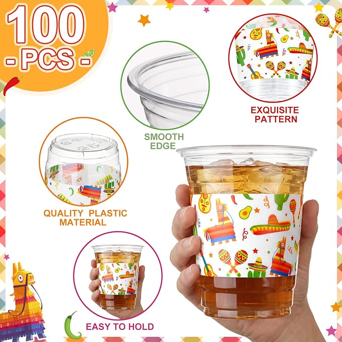 100 Pcs Fiesta Plastic Cups 12 oz Mexican Disposable Clear Plastic Drinking Cups Bulk for Cinco De Mayo Fiesta Taco Mexican Birthday Party Decoration Supplies