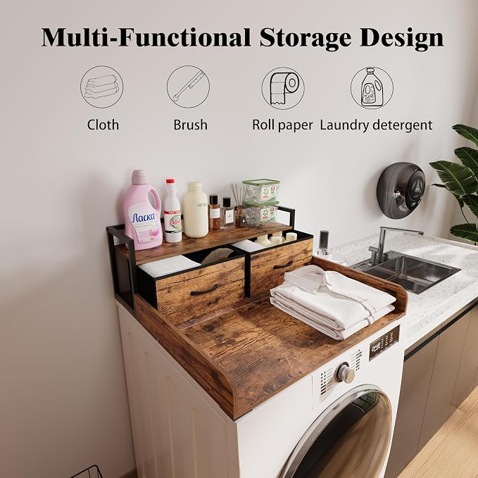 Unionly 2-Tier Washer Dryer Countertop single with shelf and fabirc drawer,laundry topper with Edge and Non-Slip Pad for Washer Dryer Laundry Hamper Counter Storage Organization (rustic brown, single)