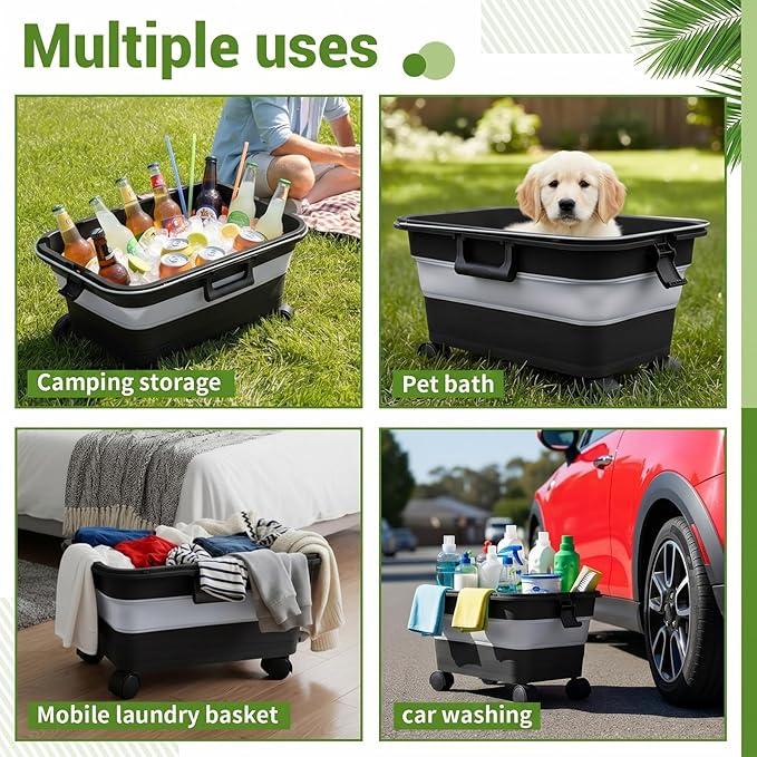 Maxdot Car Wash Bucket with Wheels Lid and Handle, 5.5 Gallon Collapsible Rolling Wash Bucket with 2 Microfiber Mitts for Car Cleaning, Camping, Rv & Pet Bathing