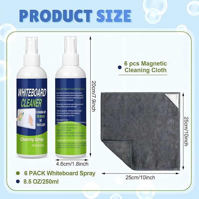 Fuyoooo 12 Pcs Whiteboard Cleaner Spray Dry Erase Board Cleaner with Magnetic Cloth White Board Cleaning Spray Removes Stubborn Marks from Whiteboards Chalkboard (250ml)