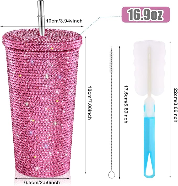 Mimorou Studded Bling Diamond Tumbler Glitter Water Bottle with Lid Stainless Steel Vacuum Thermal Straw Rhinestone Tumbler with 1 Pcs Cup Brush 6 Pcs Straw Brushes for Women(16.9 oz,Pink)