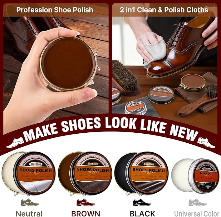 EFO SHM Shoe Shine Kit – 15-in-1 Leather Shoe Polish & Care Set with 4 Horsehair Brushes, Black Brown Neutral Wax, Mink Oil, 3 Cloths Shine Sponge Boot Care Cleaning Mens Gifts Luxury Leather Case
