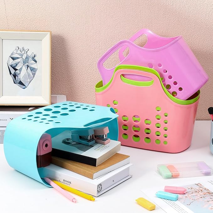Nuogo 30 Pack Assorted Multicolor Basket with Handles Plastic Oval Carry Totes with Handles Caddy Multipurpose Organizer Reusable for Bathroom Dorm Communal Showers Kitchen School, 10.6" x 6" x 10"