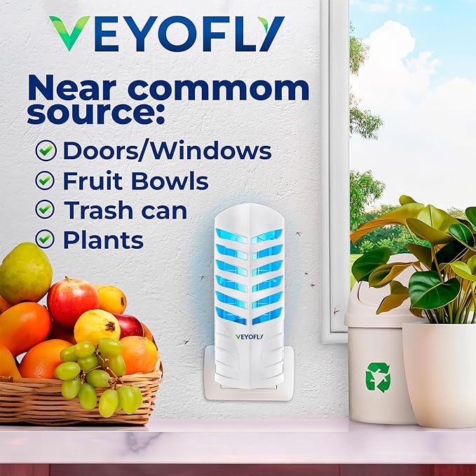 VEYOFLY Fruit Fly Trap Indoor (1 Device + 3 Refills), Gnat Catcher, Plug-in Light Insect Trap for House, Bug Killer