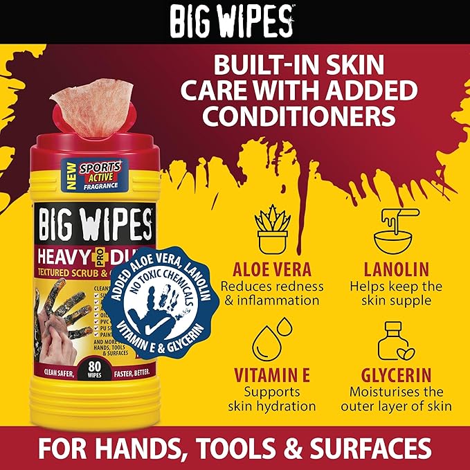 BIG WIPES Heavy Duty Industrial Hand Cleaning Wipes, Textured Scrubbing Degreaser Wipes for Mechanics and Tool Cleaner – 80 Count Canister (8 Pack)