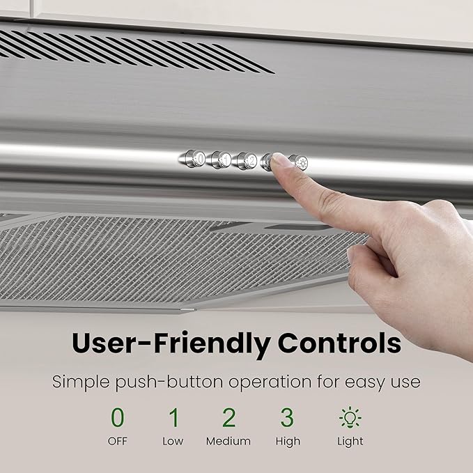 FIREGAS 30 Inch Under Cabinet Range Hood, 300 CFM Ducted/Ductless Kitchen Vent Hood Over Stove, 3-Speed Exhaust Fan with LED Light, Reusable Filter & Charcoal Filter, Stainless Steel