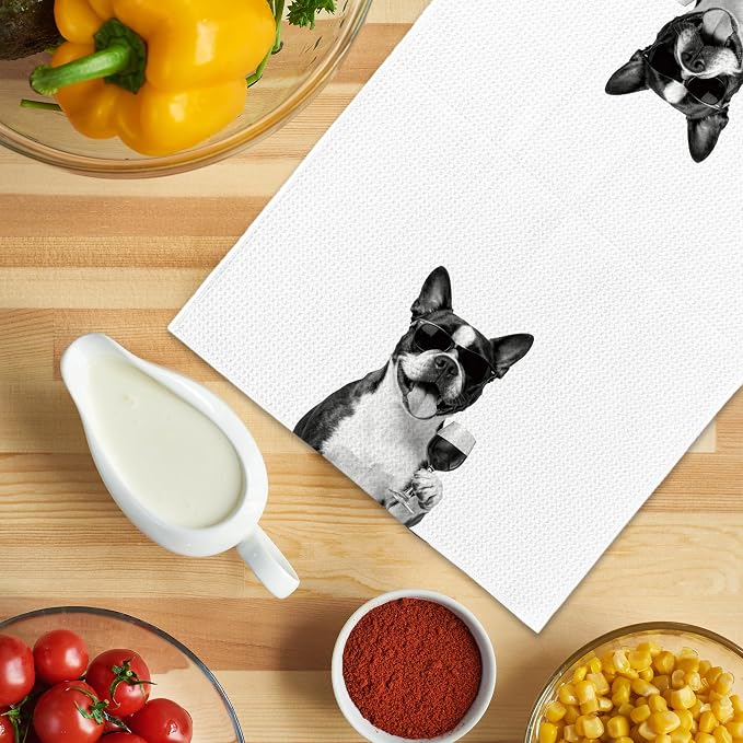 Funny Boston Terrier Wine Kitchen Towels, Gifts for Dog Wine Lovers, Bar Accessories Dish Tea Towels for Kitchen, Dog Owners Housewarming Gift Decorative Hand Towel 16x24 Inch
