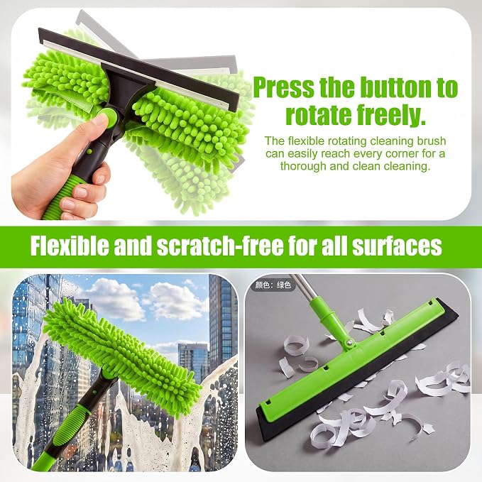 30 Feet High Reach Duster Kit with 2-24 ft Extension Pole High Ceiling Dusting and Window Cleaning Kit with Window Washer & Squeegee, Cobweb Duster, Washable Head for Ceiling Fan(Green)