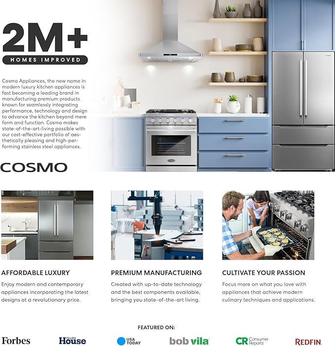 COSMO UC36 36 in. Haven Collection 380 CFM Ducted Under Cabinet Range Hood, LED Lights, Button Controls, Stainless Steel