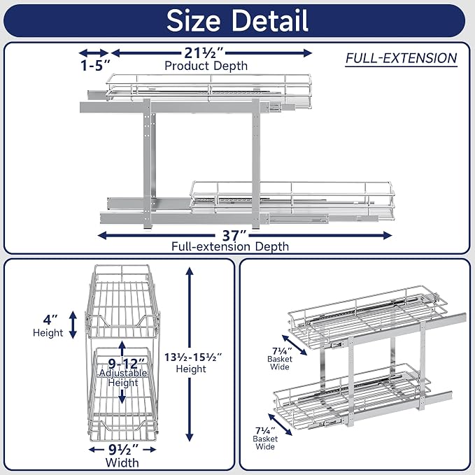 2-Tier Pull Out Cabinet Organizer, 9" W x 21.5" D, Heavy Duty Dual Slide Out Shelves for Narrow Base Cabinets, Chrome Wire Basket Drawer for Spices, Bottles & Snacks