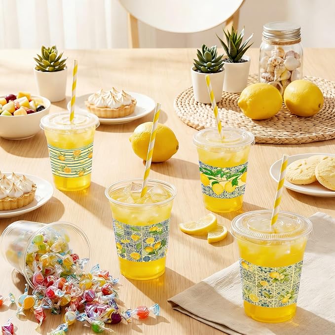 FoldTier 100pcs Capri Lemon Plastic Disposable Cups with Lids and Straws 12oz, Plastic Lemon Stand Drinking Cups for Bridal Shower Supplies Summer Citrus Fruit Amalfi Coast Party Decorations