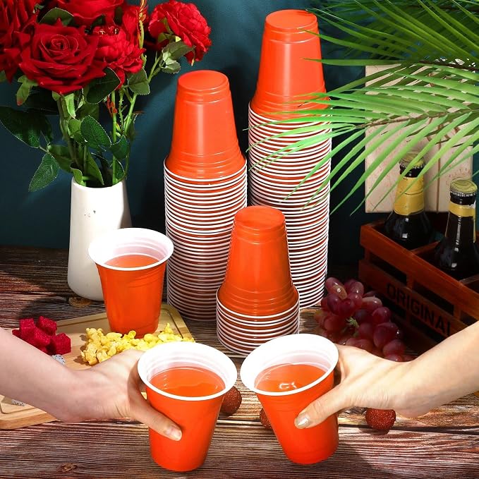 Sabary 100 Pack 12oz Plastic Cups Orange Graduation Heavy Duty Drinking Disposable Cups with Lines for Beverage Wedding Holiday Camping Barbecues Birthday Party Summer Outdoor Picnic