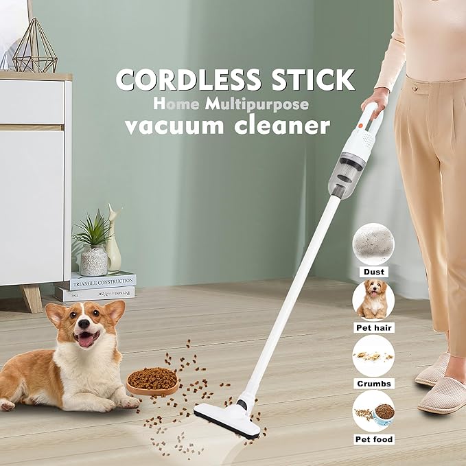 6-in-1 Lightweight Stick Vacuum Cleaner with 100W Powerful Motor, Mini Portable Household Handheld Vacuum Cleaner for Domestic Hard Floors, Carpets and Pet Hair (White Cordless)