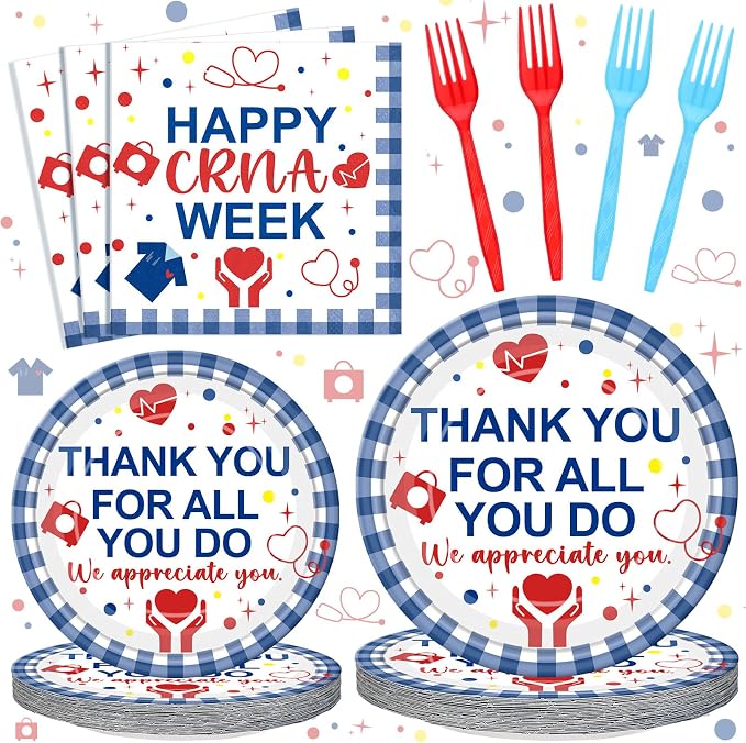 Remerry 96 Pcs Happy CRNA Week Party Supplies Nurse Anesthetist Appreciation Plates and Napkins Set Decoration Thank You Staff Disposable Plates for CRNA Week Party Supplies