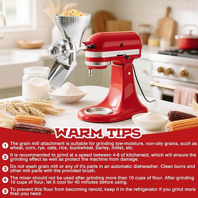Grain Mill Attachment for KitchenAid Stand Mixer with 12 Grind Level Flour Mill, Grain Mill Fit for Grinding Wheat, Corn, Oats, Buckwheat,Millet and Other Cereals - New Upgrades