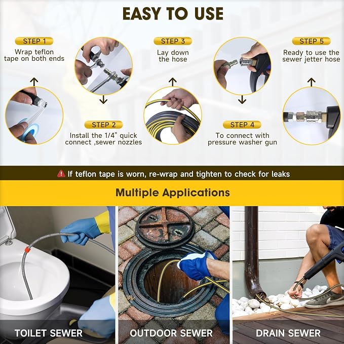 Sewer Jetter Kit for Pressure Washer, 5800PSI Drain Cleaner Hose 1/4 Inch NPT Corner,Showerhead,Rotating rotates,Mushroom Nose,Corner sewer nozzle(50FT)