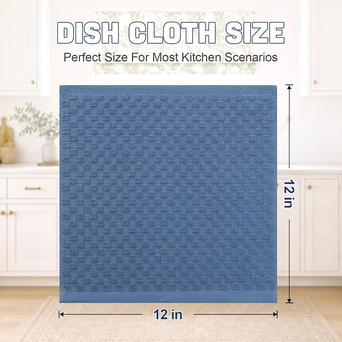 Homaxy 100% Cotton Terry Kitchen Dish Cloths, Ultra Soft Absorbent Dish Towels with Hanging Loop, Pineapple Grid Designed, 12 x 12 Inches, 12-Pack, Navy Blue