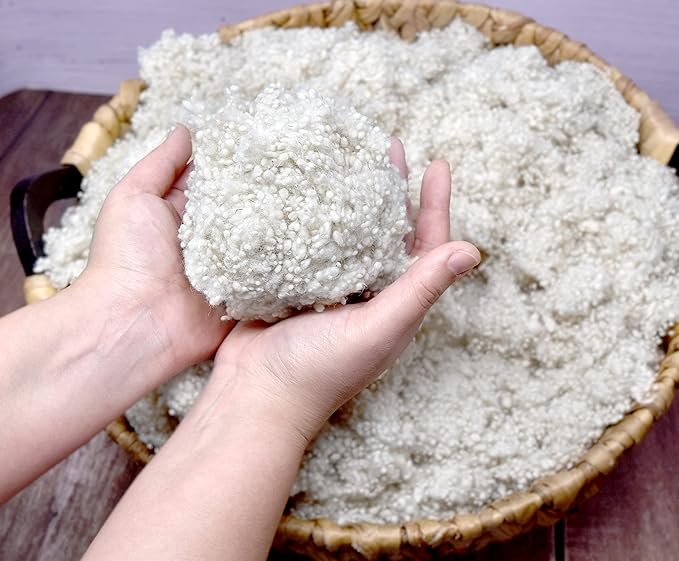 Super Dense Clean Wool Filler for Pillows, Stuffed Animals, Pouf, Pin Cushions, Crafting. 1LB, Natural White Dense