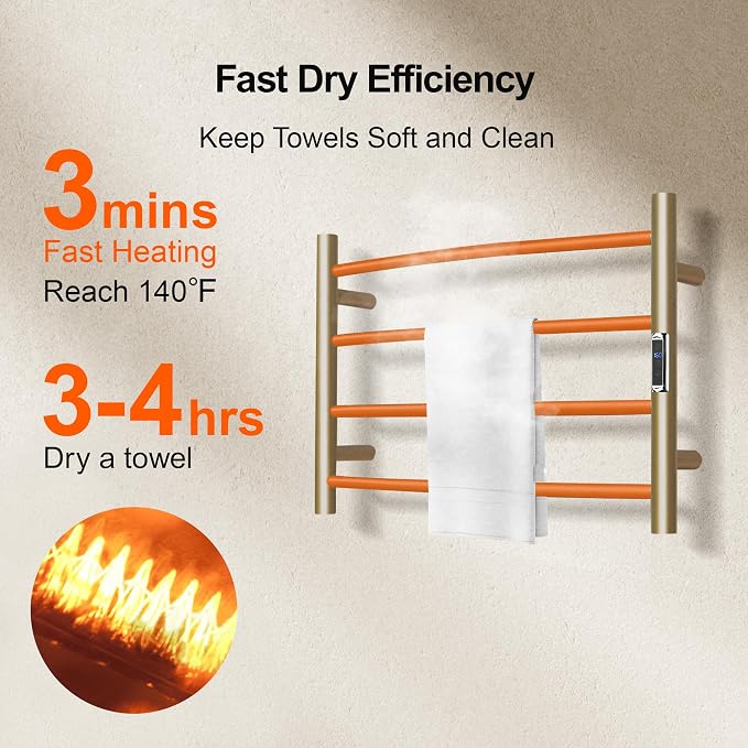 Towel Warmer Bathroom Wall Mounted Drying Rack Plug-in Electric Heated Towel Rack Stainless Steel Gold with Timer & Temperature Control 4 Bar