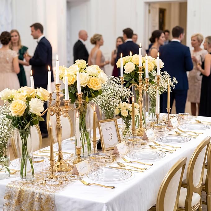 GATHER 350PCS Clear Gold Plastic Plates - Disposable Gold Dinnerware Sets Includes 100 Gold Rim Plastic Plates, 150 Silverware, 50 Napkins, 50 Cups for Party, Wedding