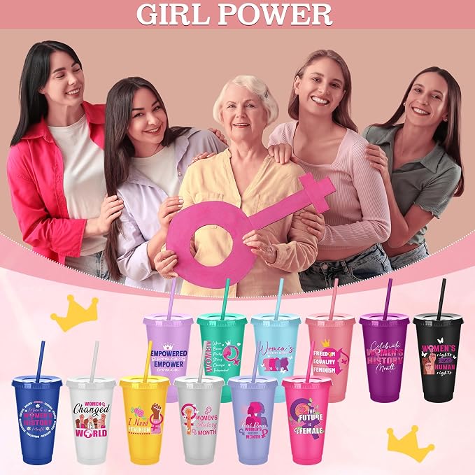 Meanplan 24 Pcs Women's History Month Gifts Bulk 24 oz Plastic Tumbler with Lids and Straws Inspirational Reusable Cups WHM Feminism Gift for March International Women's Day Party Favors