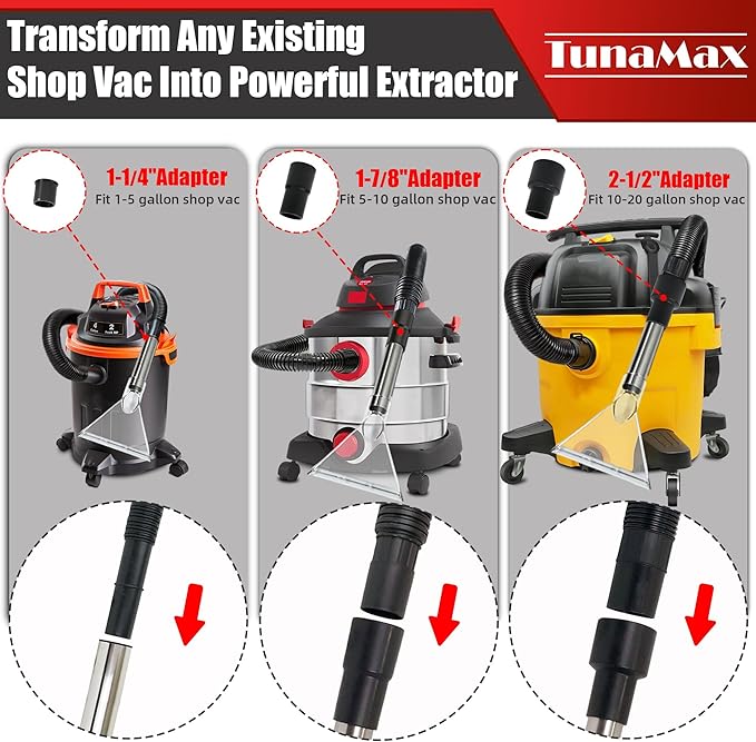 TunaMax Universal Work with All Shop Vacs Clear Extractor Attachment with 1-1/4" & 1-7/8" & 2-1/2" Adapters for Upholstery & Carpet Cleaning & Auto Detailing, Wet/dry Vacuum Extraction Accessory