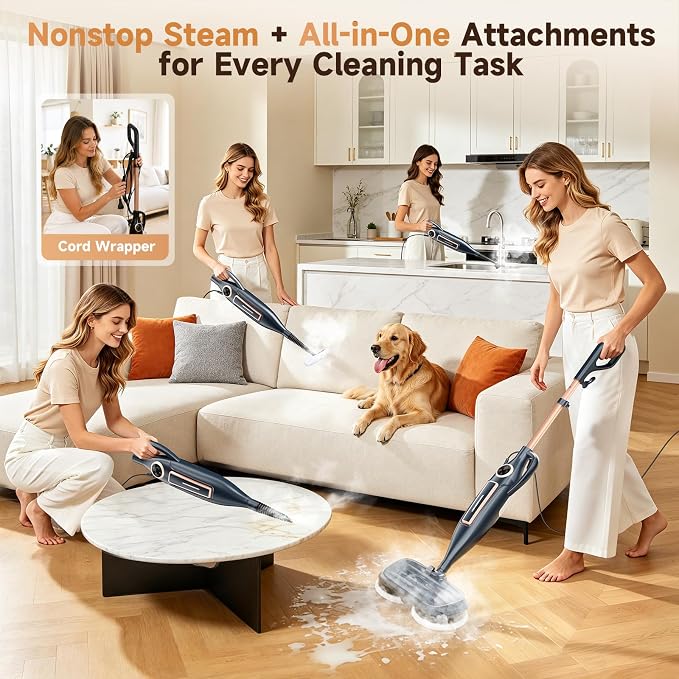 DEVOAC VM6 Scrubbing Steam Mop with Rotating Mop Pads, 10 in 1 Steam Mop, Lightweight Spin Mop & 3 Steam Modes for Hard Floor Laminate Marble Floors (Dark)