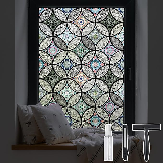 DKTIE Static Cling Decorative Window Film with Installation Tools Non Adhesive Privacy Film Stained Glass Window Film for Bathroom Shower Door Heat Cotrol Anti UV 35.4 x 118.1 Inch